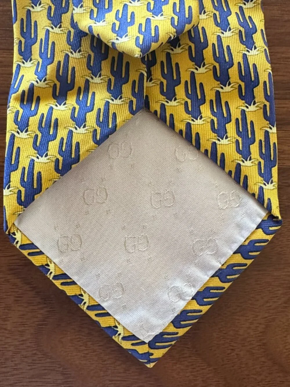 Gucci Yellow Blue Cactus Print Silk Tie
